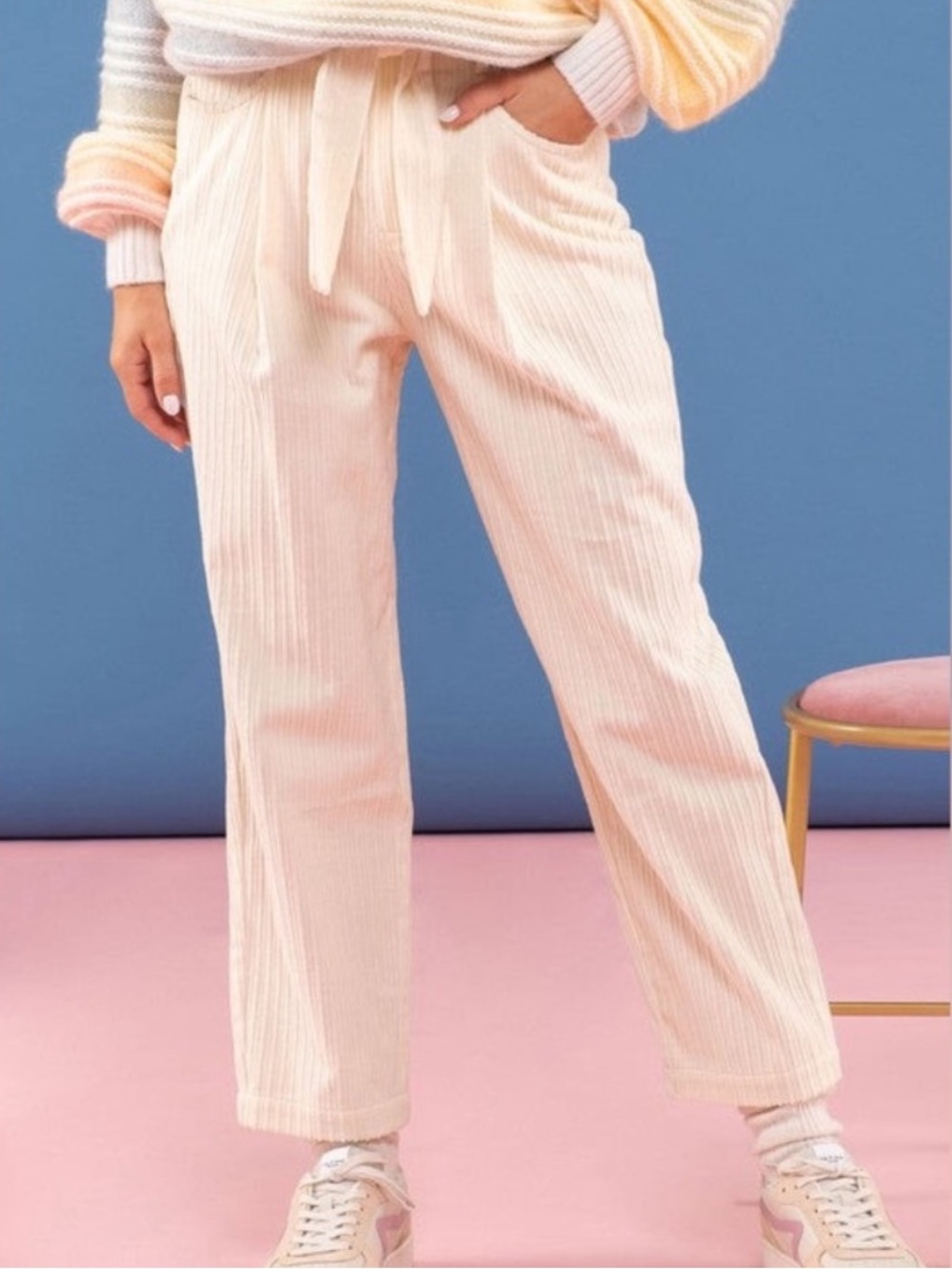 Blu Pepper 🆕 💯 Cotton Corduroy High Waisted Tie Front Belted Pants NWT Sz Large